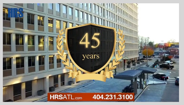 HRS Atlanta office building with a “45 years” badge and phone number 404.231.3100